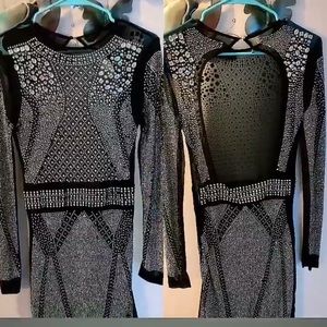 Sexy Nude Rheinstone Open Back Mini Club Dress